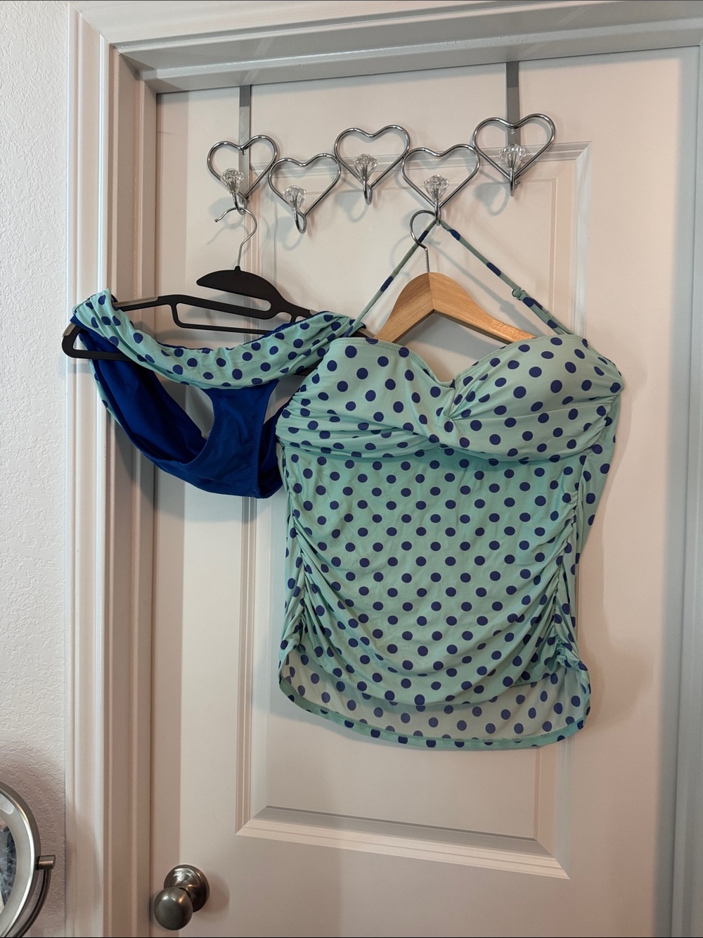 Polka Dot Mint and Navy Halter Women’s Tankini Top